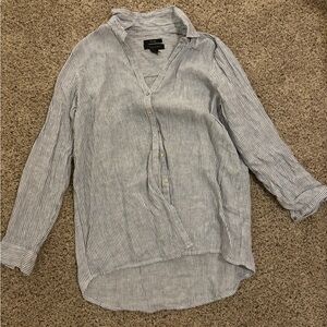 Tahari Blue Linen Striped Button Down Shirt